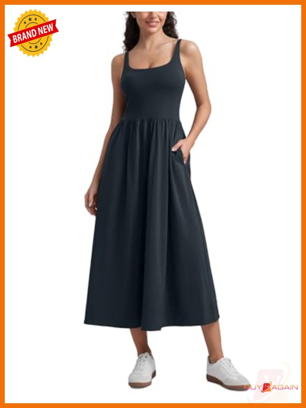 Square Neck Maxi Casual Dress with Built-in Bra Pockets